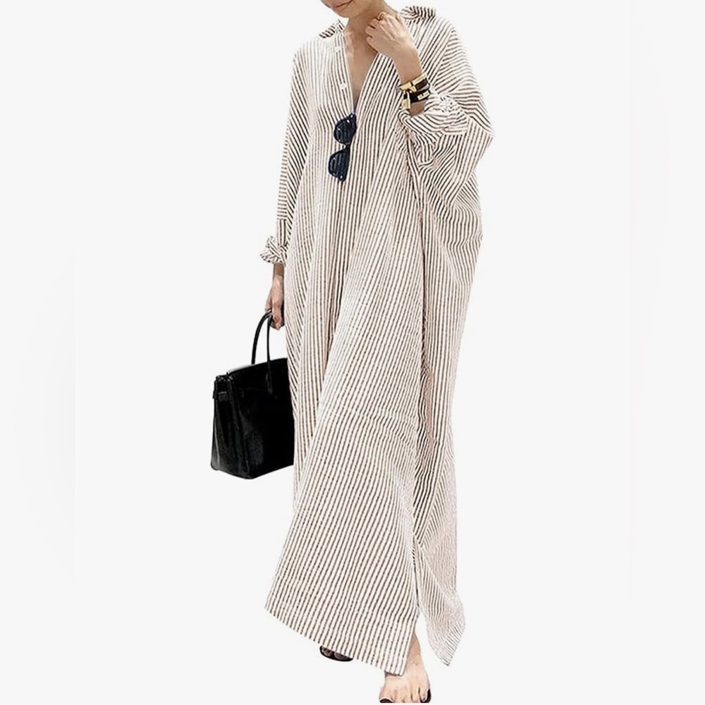 NEW didn’t come W tags  Price for 1 Striped tan Maxi Shirt Dress w pockets